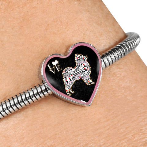 Pomeranian Dog Love Print Heart Charm Steel Bracelet