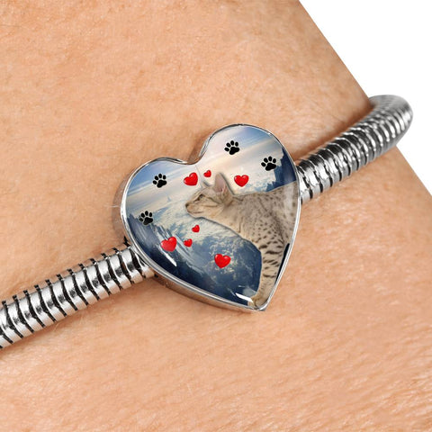 Ocicat Print Heart Charm Steel Bracelet