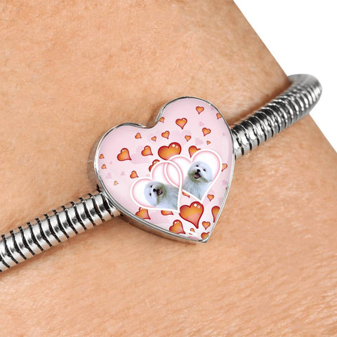 Maltese Dog Print Heart Charm Steel Bracelet