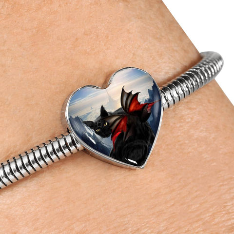 Bombay Cat Print Heart Charm Steel Bracelet