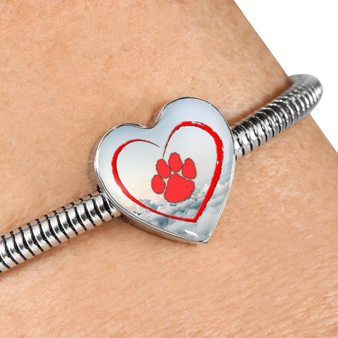Red Paw Print Heart Charm Steel Bracelet