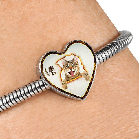 Lovely Bengal Cat Print Heart Charm Steel Bracelet