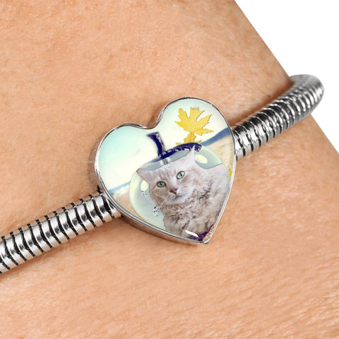 LaPerm Cat Print Heart Charm Steel Bracelet