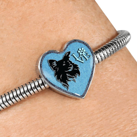 Papillon Dog On Denim Print Heart Charm Steel Bracelet