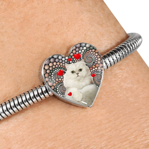 Lovely Persian Cat Print Heart Charm Steel Bracelet