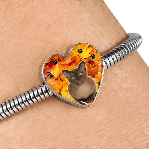 Burmese Cat Print Heart Charm Steel Bracelet