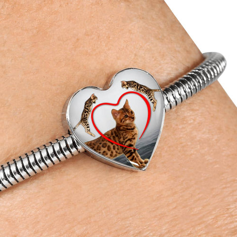 Bengal Cat Print Heart Charm Steel Bracelet