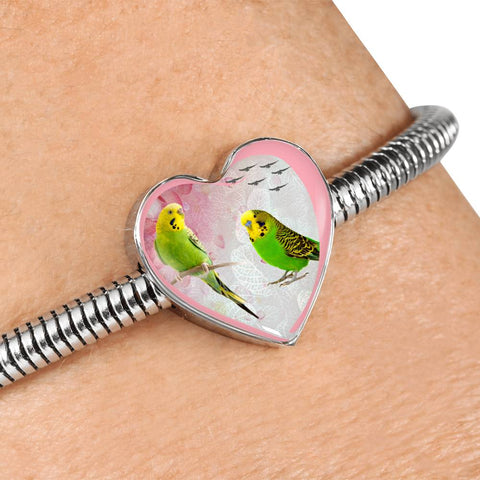 Budgerigar Parrot Print Heart Charm Steel Bracelet