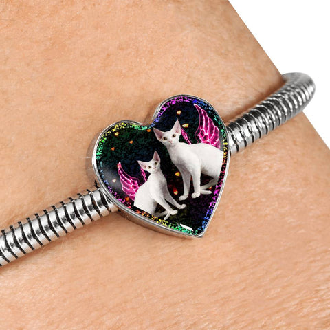 Devon Rex Cat Print Heart Charm Steel Bracelet