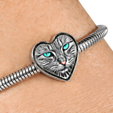 Blue Eyes Cat Print Heart Charm Steel Bracelet