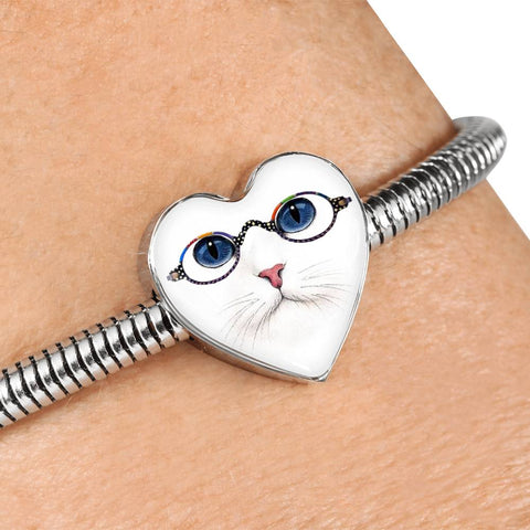 Cute Cat With Glasses Print Heart Charm Steel Bracelet