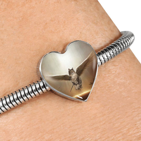 Norwegian Forest Cat Print Heart Charm Steel Bracelet