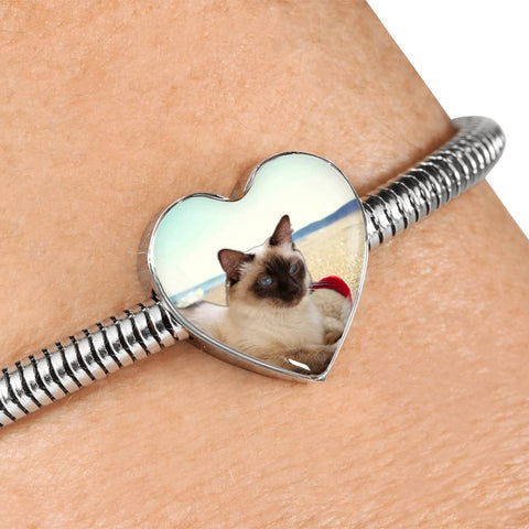 Cute Balinese Cat Print Heart Charm Steel Bracelet