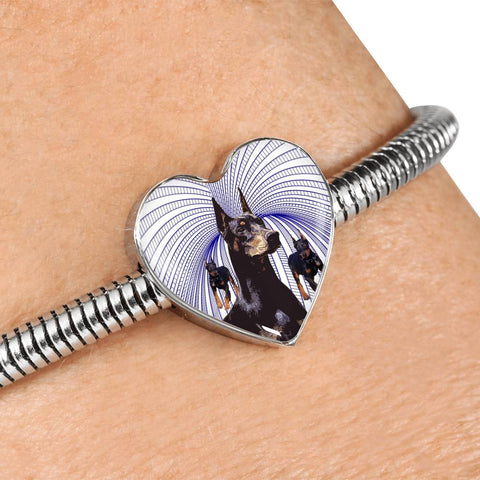 Doberman Pinscher Print Heart Charm Steel Bracelet