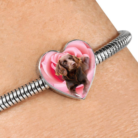 Boykin Spaniel Print Heart Charm Steel Bracelet