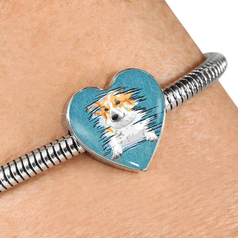 Pembroke Welsh Corgi Dog Art Print Heart Charm Steel Bracelet
