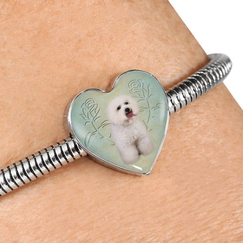 Bichon Frise Dog Print Heart Charm Steel Bracelet
