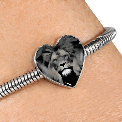 Lion Grey Art Print Heart Charm Steel Bracelet