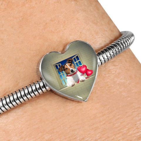 Cute Jack Russell Terrier On Window Print Heart Charm Steel Bracelet