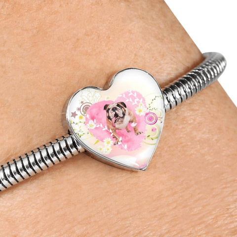 Bulldog Print Heart Charm Steel Bracelet