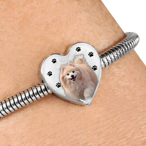 Cute Pomeranian Print Heart Charm Steel Bracelet