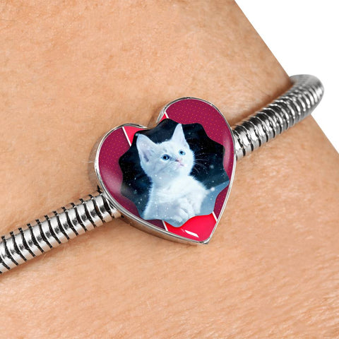 Cute White Kitten Cat Print Heart Charm Steel Bracelet