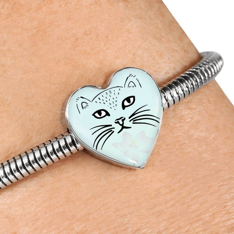 Cute Cat Face Print Heart Charm Steel Bracelet