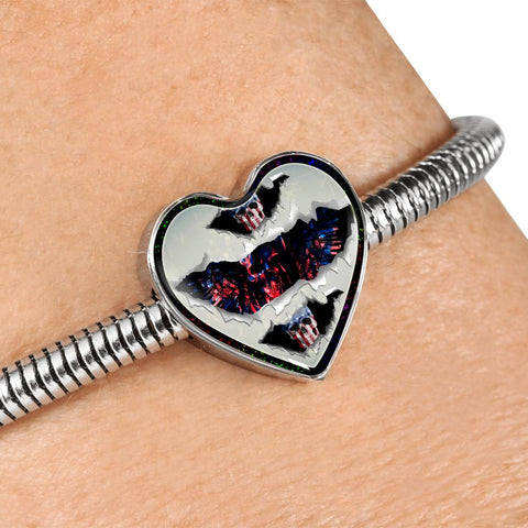 American Flag Skull Print Heart Charm Steel Bracelet