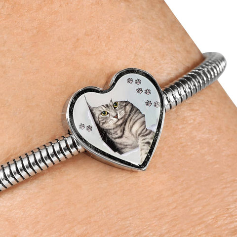 Charming Cat Art Print Heart Charm Steel Bracelet