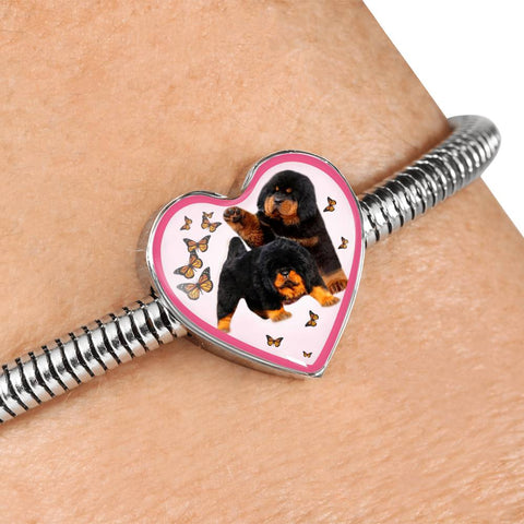 Tibetan Mastiff Dog Print Heart Charm Steel Bracelet