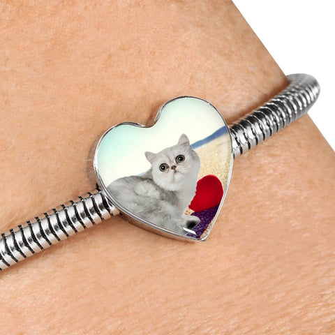 Exotic Shorthair Cat Print Heart Charm Steel Bracelet