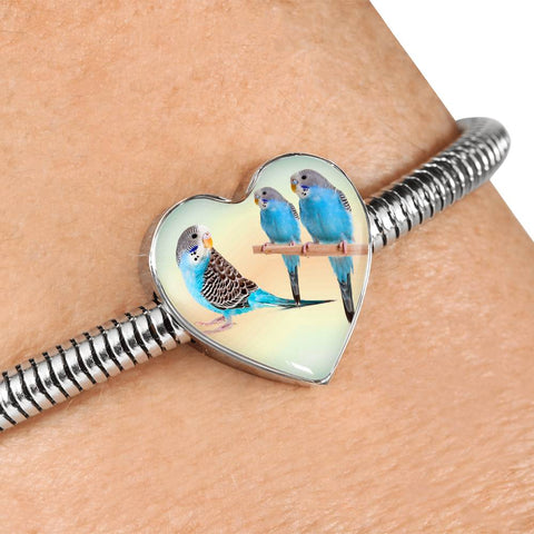 Blue Budgie Parrot Print Heart Charm Steel Bracelet