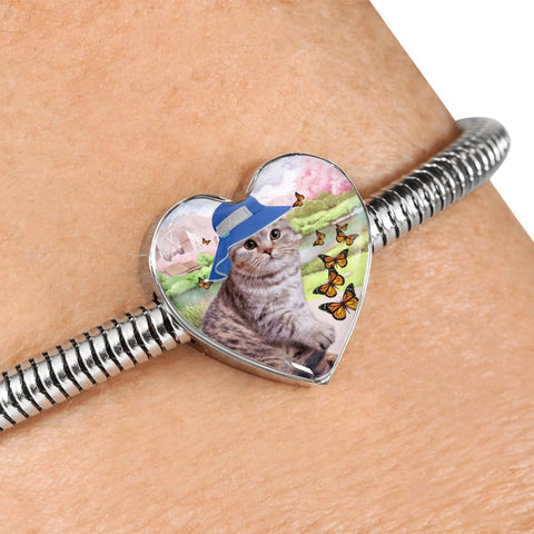 Scottish Fold Cat Print Heart Charm Steel Bracelet