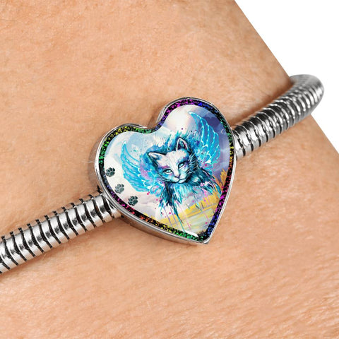 Cat Watercolor Art Print Heart Charm Steel Bracelet