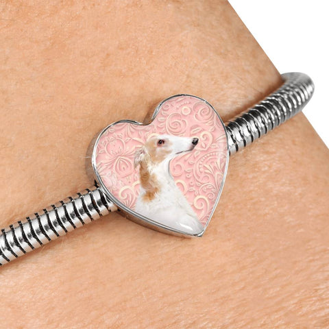 Borzoi Dog Print Heart Charm Steel Bracelet