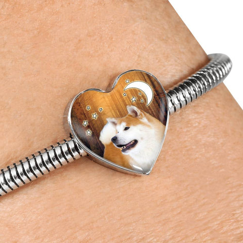 Akita Dog Print Heart Charm Steel Bracelet