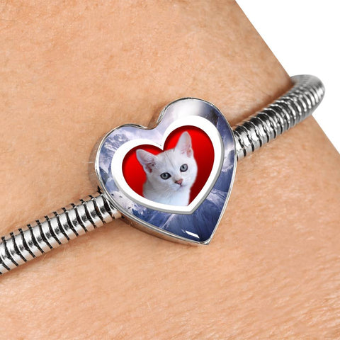 Burmilla Cat Print Heart Charm Steel Bracelet