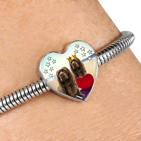 Sussex Spaniel Print Heart Charm Steel Bracelet