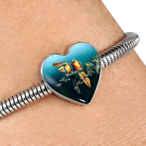 Lovely Parrot Print Heart Charm Steel Bracelet