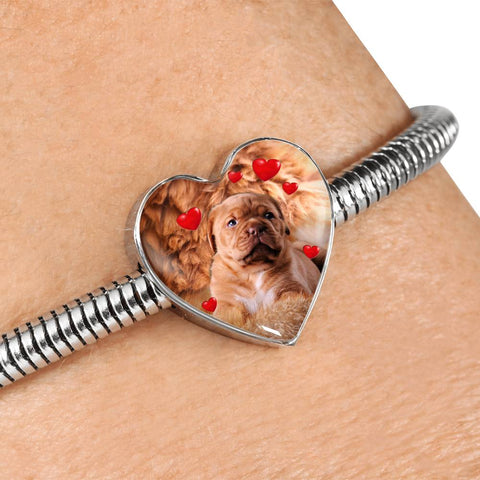 Cute Bordeaux Mastiff Print Heart Charm Steel Bracelet