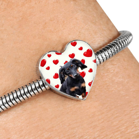 Dachshund Print Heart Charm Steel Bracelet