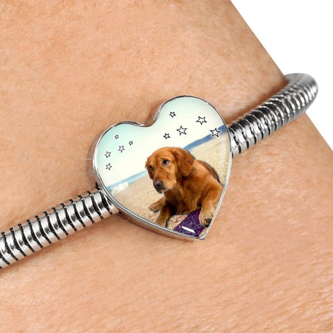 Cute Golden Retriever Print Heart Charm Steel Bracelet