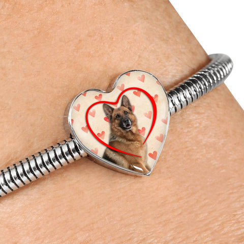 German Shepherd Print Heart Charm Steel Bracelet