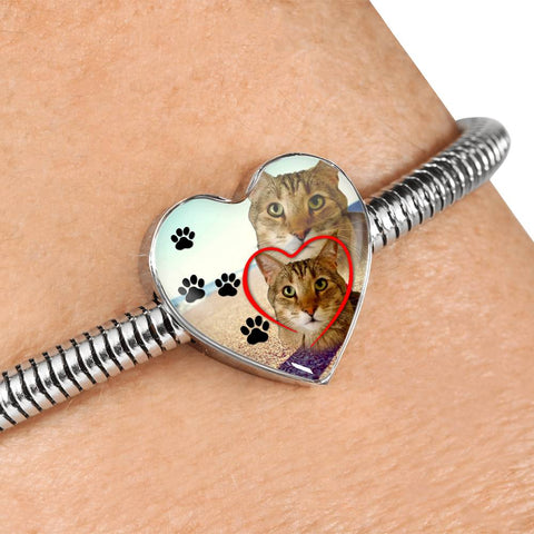 Pixie Bob Cat Print Heart Charm Steel Bracelet
