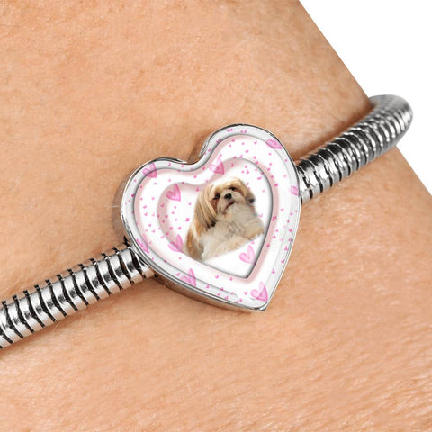 Shih Tzu Dog Print Heart Charm Steel Bracelet