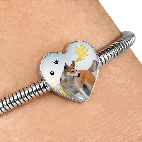 Norwegian Lundehund Print Heart Charm Steel Bracelet