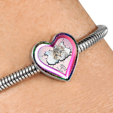 Cute Painted Cat Print Heart Charm Steel Bracelet