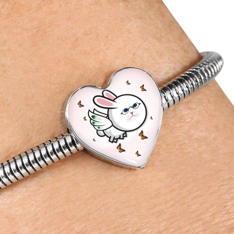 Flying Cat Print Heart Charm Steel Bracelet