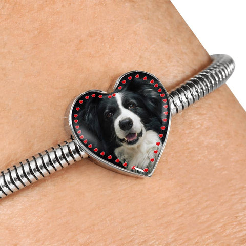 Border Collie Print Heart Charm Steel Bracelet