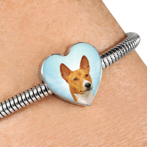 Basenji Dog Print Heart Charm Steel Bracelet
